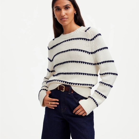 MADEWELL Textured Cotton Crewneck Sweater in Bright Ivory Navy Stripe NEW - Picture 1 of 16